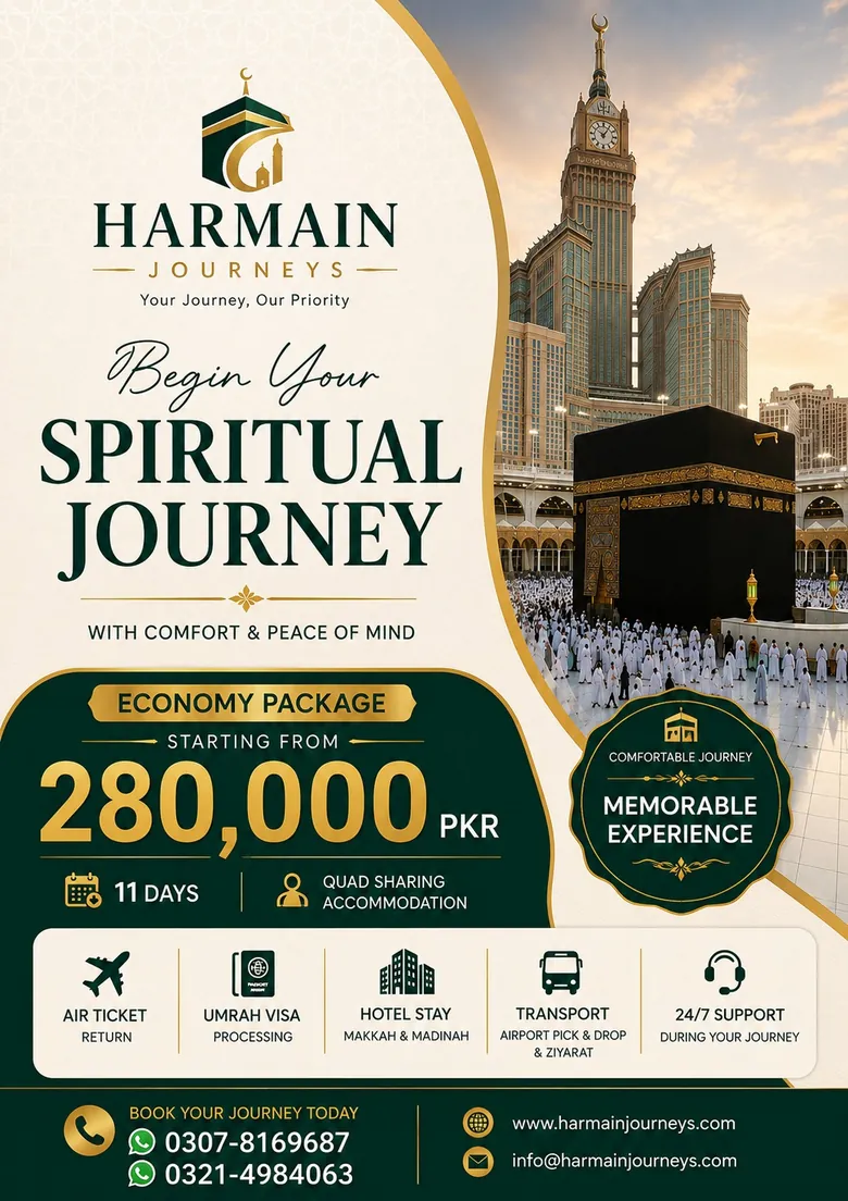 Harmain Journeys Economy Umrah Package: starting from 280,000 PKR, 11 days, quad sharing accommodation. Includes return air ticket, Umrah visa processing, hotel stay in Makkah & Madinah, transport with airport pick & drop and Ziyarat, and 24/7 support.